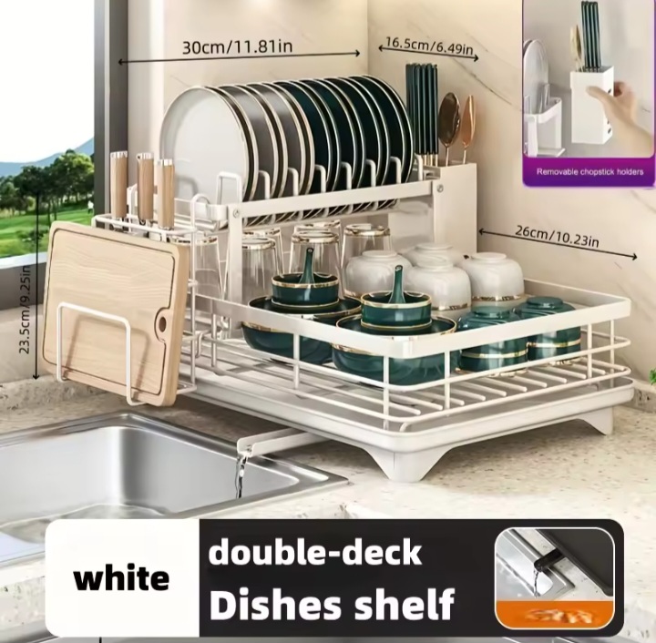 2-Tier Carbon Steel Dish Drying Rack with Drain Tray